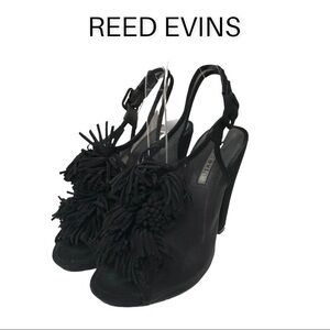 Reed Evins sz 6 black suede fringe Pom Pom heels